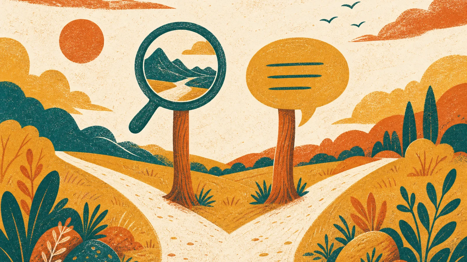 Ilustración editorial de dos caminos: uno hacia una lista de resultados de búsqueda y otro hacia una respuesta generada por un asistente de IA